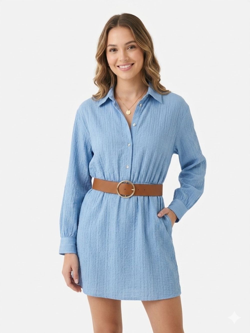 Zara Blue Textured Belted Shirt Dress Mini Long Sleeve Button Up Size M NWT 8886